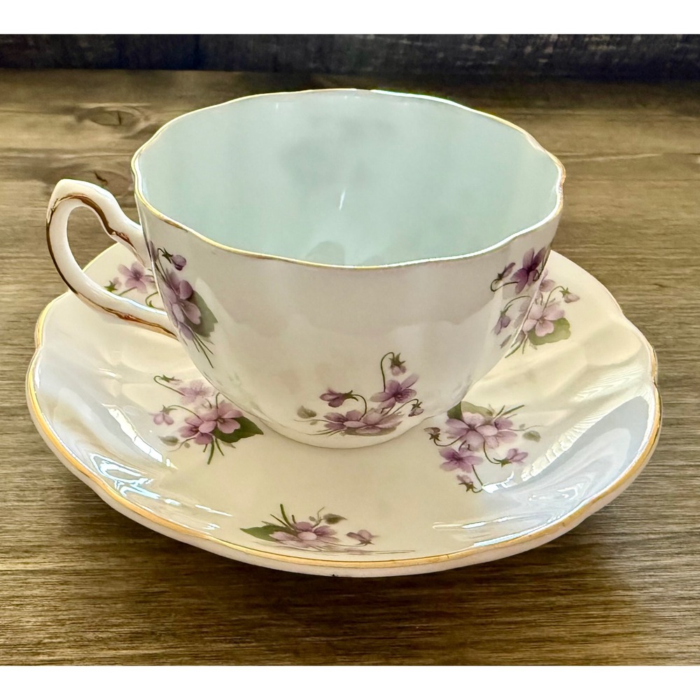 Royal Grafton Teacup Saucer Purple Violets Bone China England White Gold Trim